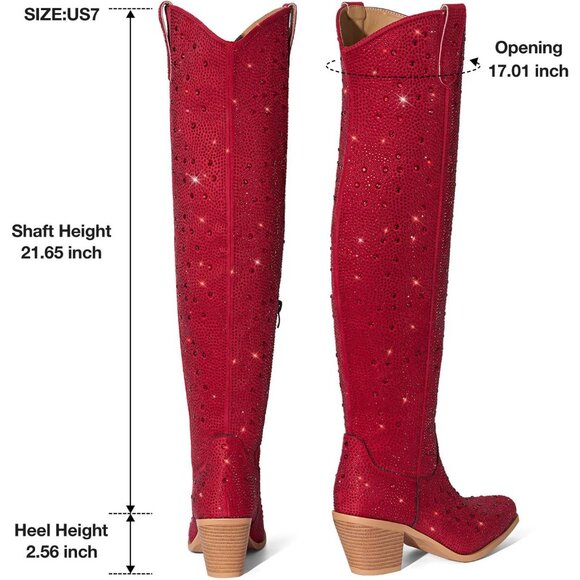 Women's Red Rhinestone Cowboy Boots Sparkly Over the Knee Pointed Toe Knee High - Picture 6 of 6